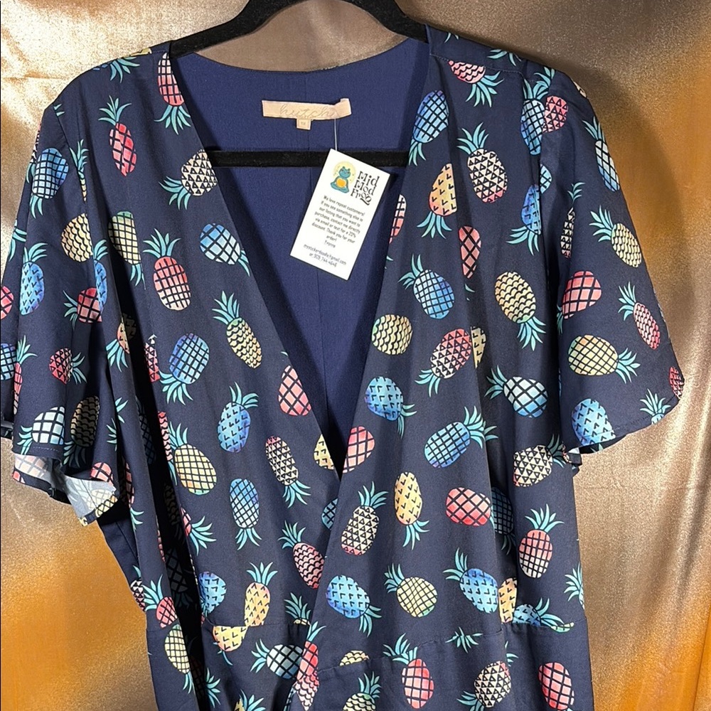 1X Hutch Colorful Pineapple Print Wrap Dress hi-low hem maxi flutter‎ sleeve F1